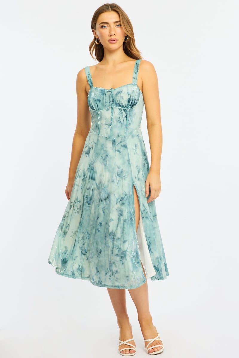 Blue Floral Midi Dress Gathered Bust