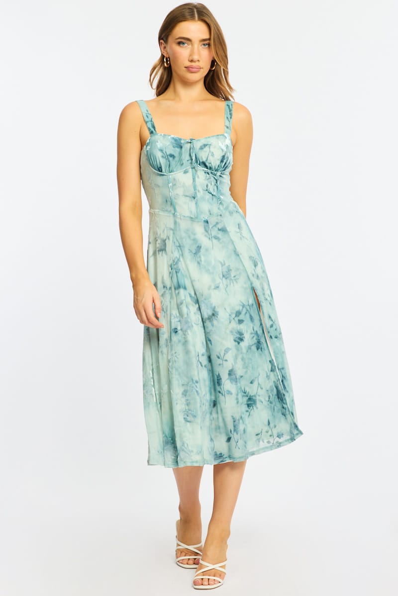 Blue Floral Midi Dress Gathered Bust