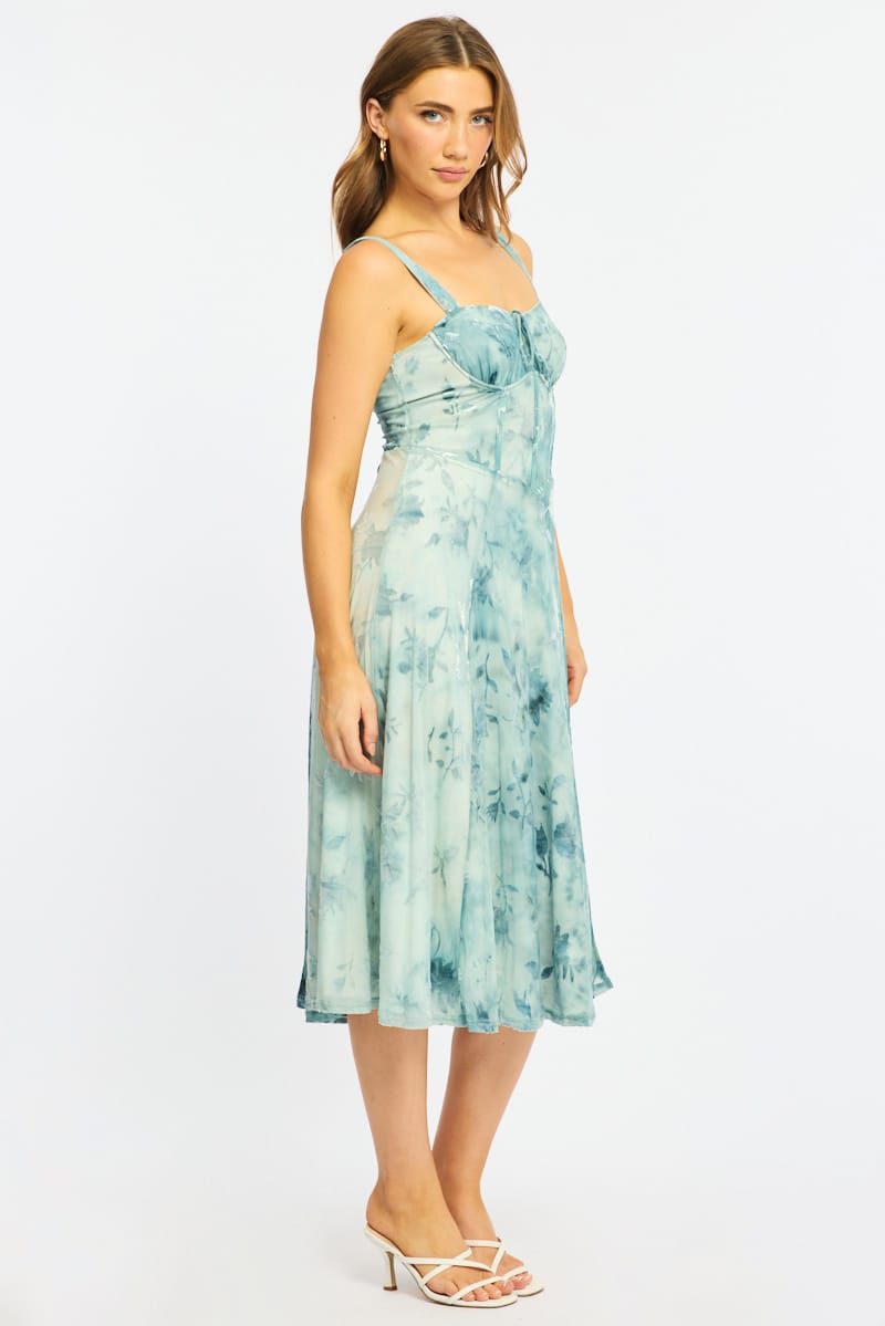 Blue Floral Midi Dress Gathered Bust