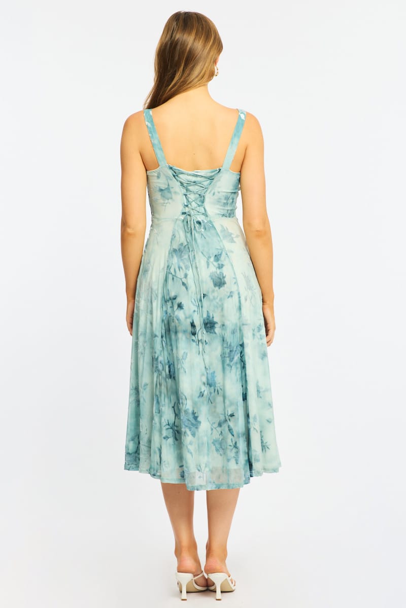 Blue Floral Midi Dress Gathered Bust