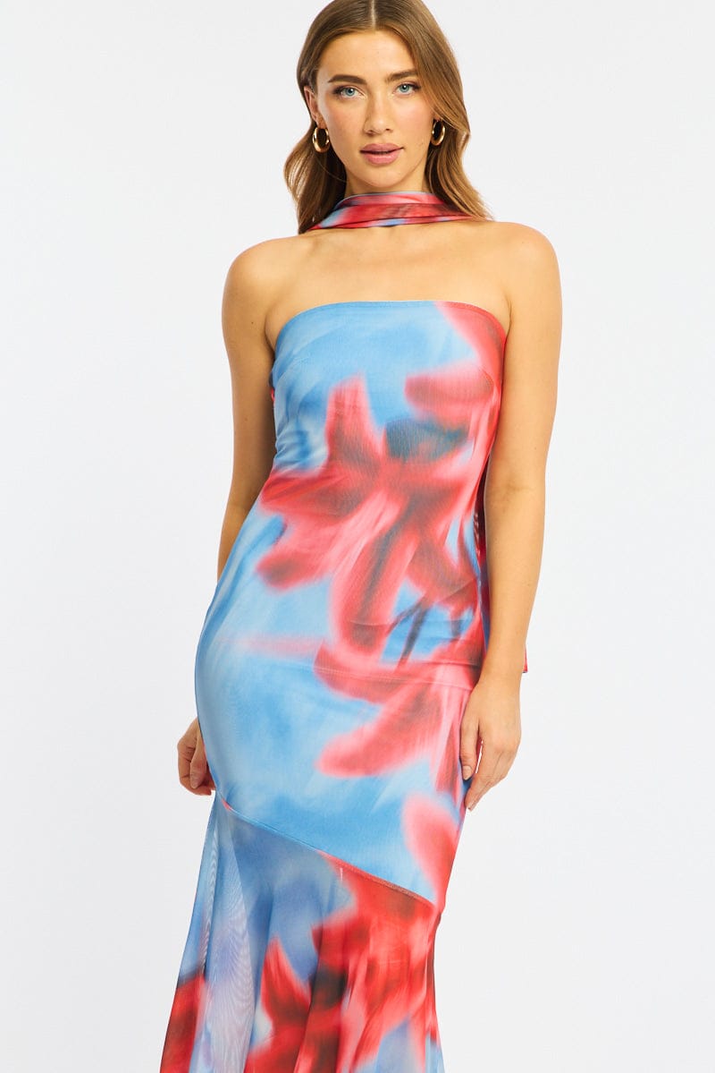 Blue Floral Strapless Maxi Dress