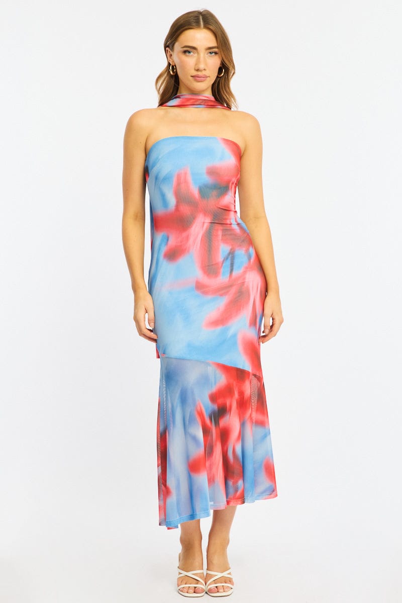 Blue Floral Strapless Maxi Dress