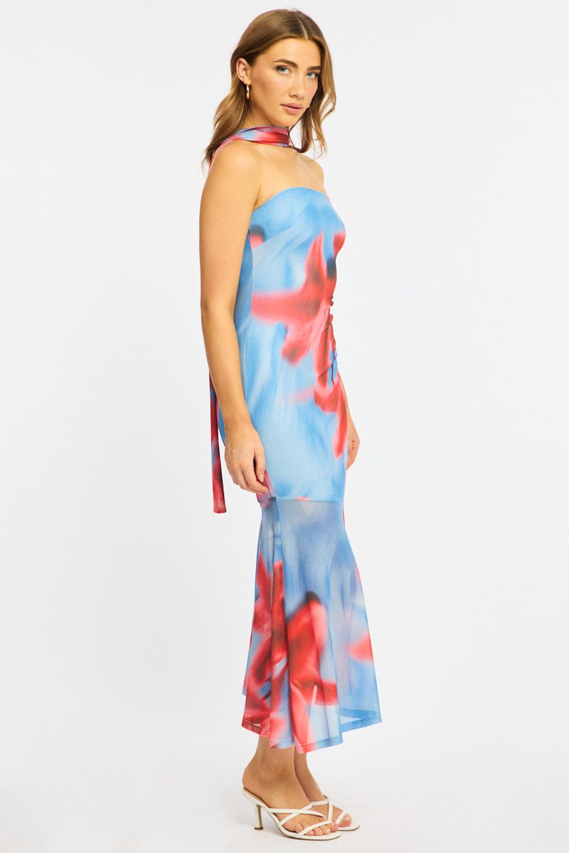 Blue Floral Strapless Maxi Dress