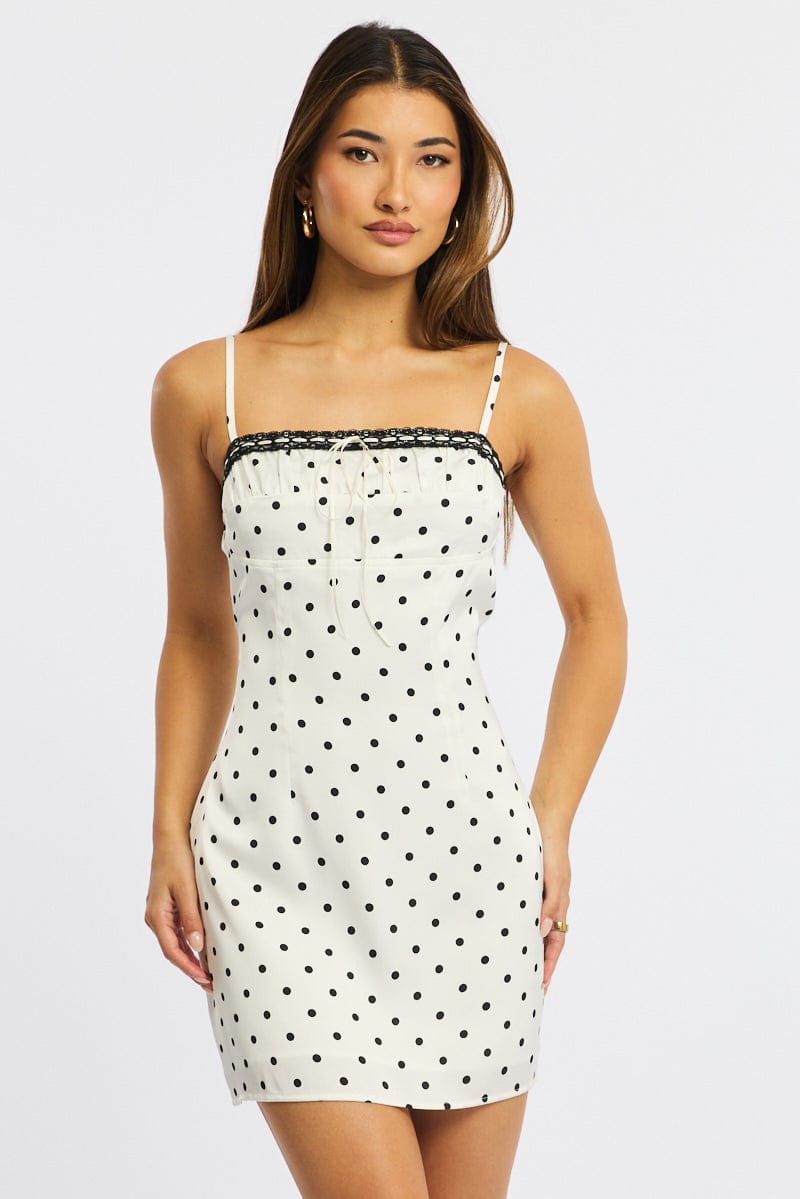 White Polka Dot Mini Dress Satin