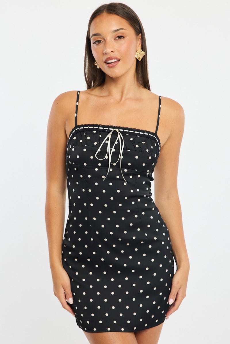 Black Polka Dot Mini Dress Satin