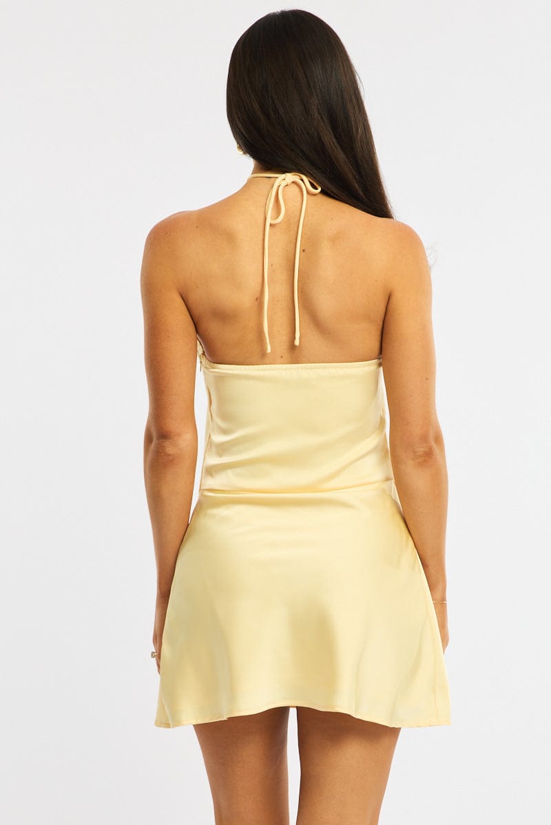 Yellow Mini Dress Halter Neck Satin
