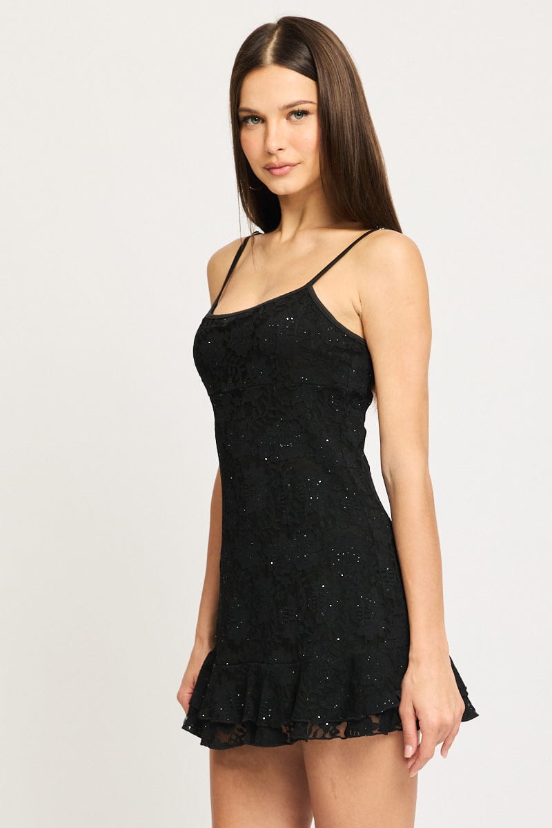 Black Mini Dress Strappy Lace