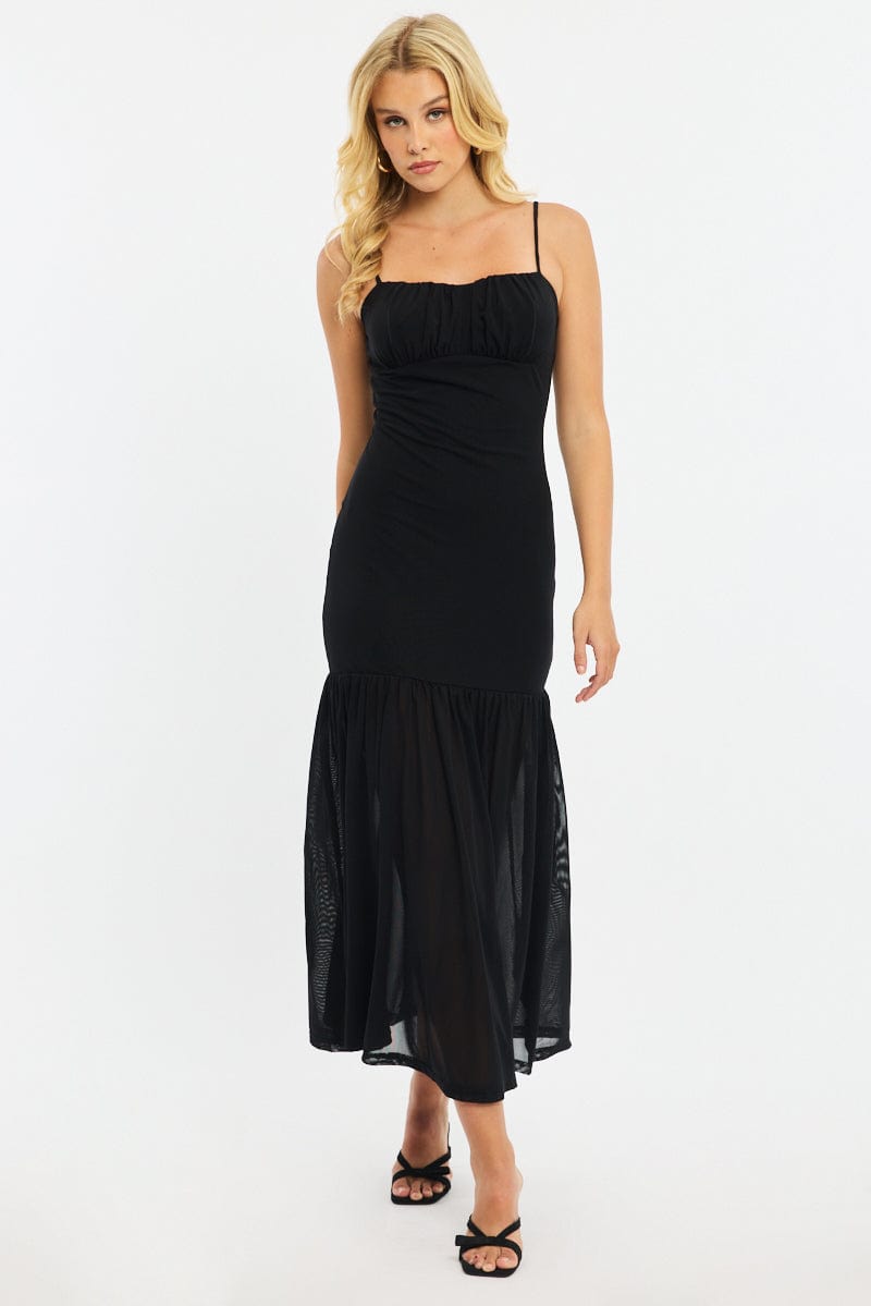 Black Maxi Dress Gathered Bust Mesh