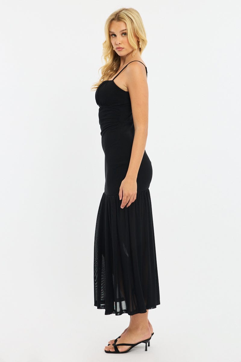 Black Maxi Dress Gathered Bust Mesh