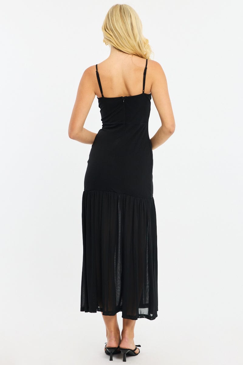 Black Maxi Dress Gathered Bust Mesh