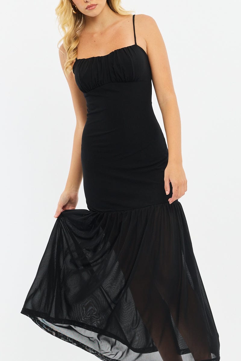 Black Maxi Dress Gathered Bust Mesh