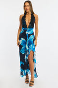 Blue Floral Midi Dress Halter Neck Mesh
