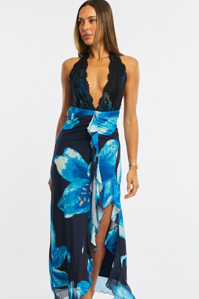 Blue Floral Midi Dress Halter Neck Mesh