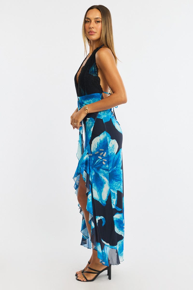 Blue Floral Midi Dress Halter Neck Mesh