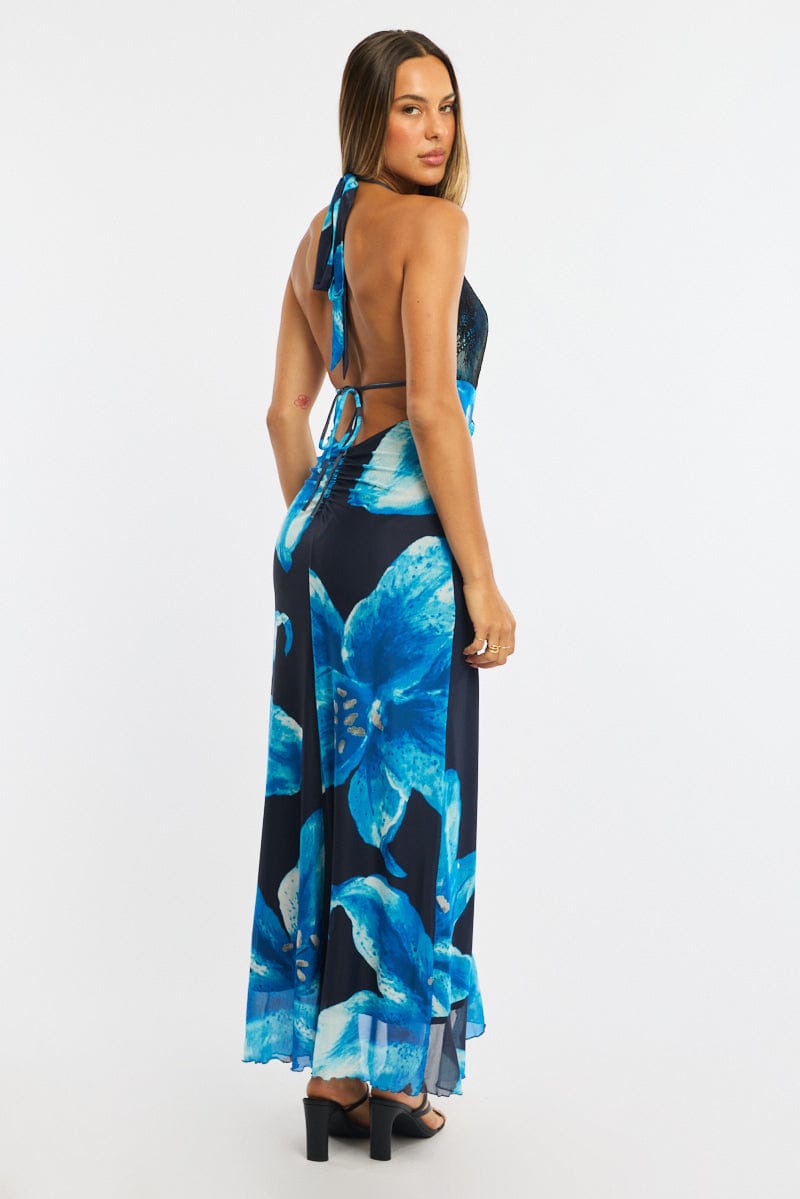 Blue Floral Midi Dress Halter Neck Mesh