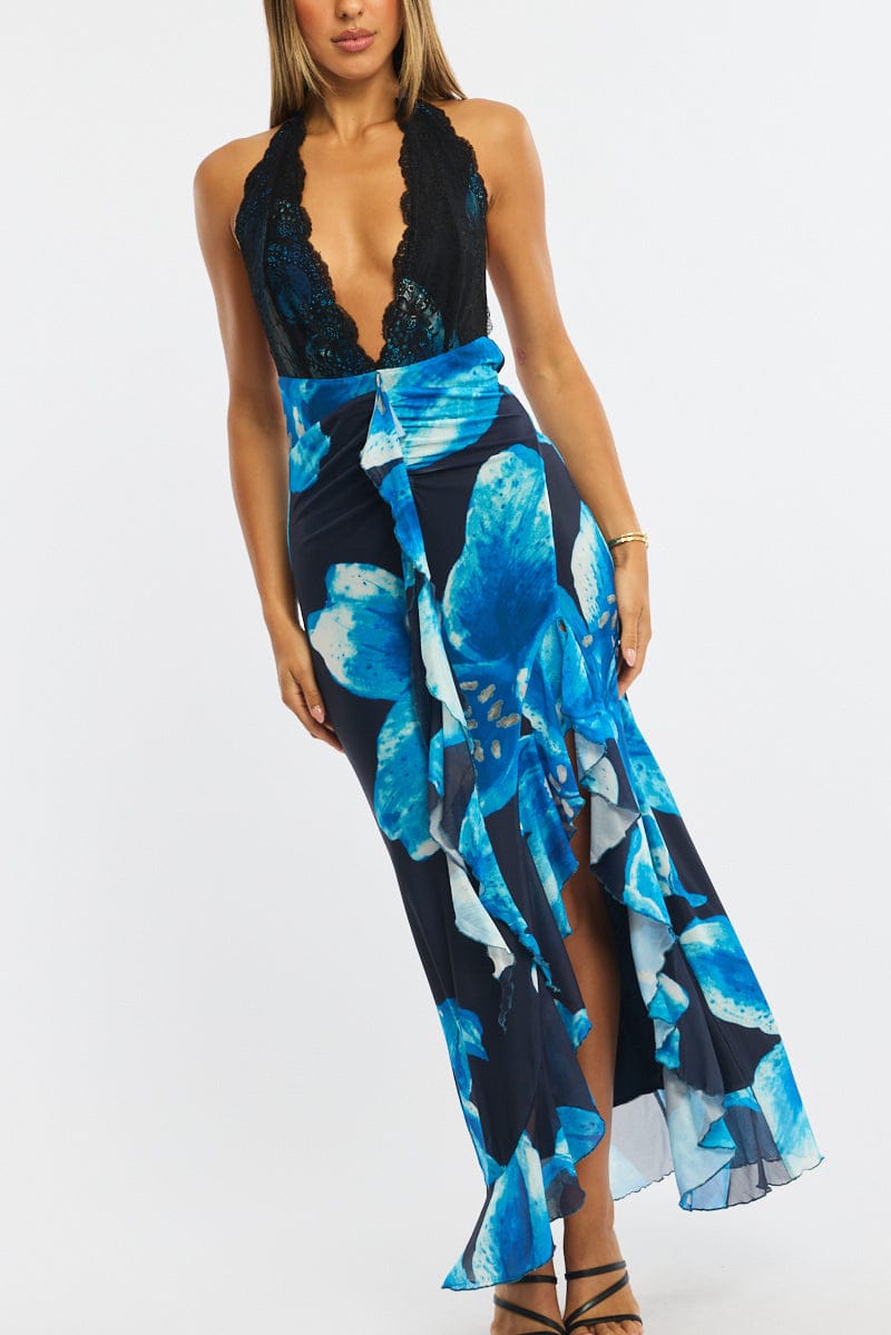 Blue Floral Midi Dress Halter Neck Mesh