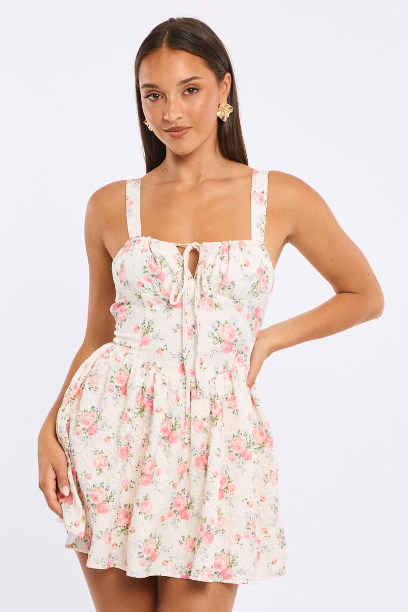White Ditsy Fit And Flare Dress Mini