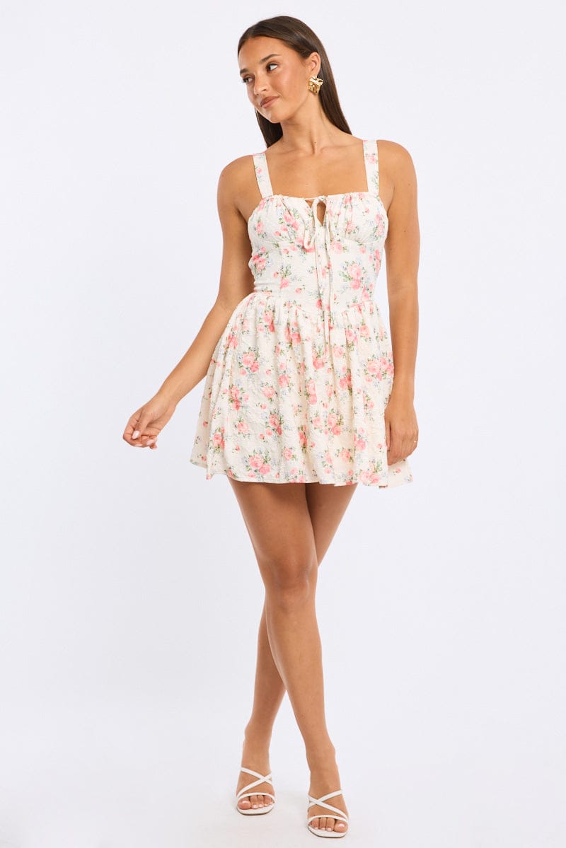 White Ditsy Fit And Flare Dress Mini