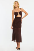 Brown Midi Dress Cut Out Mesh