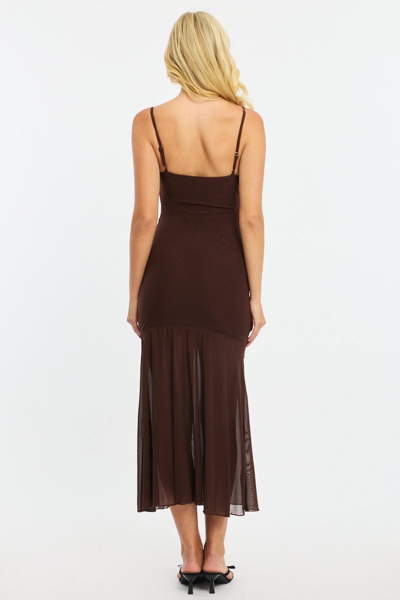 Brown Midi Dress Cut Out Mesh