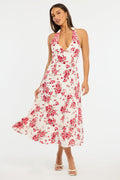 Red Floral Halter Neck Midi Dress