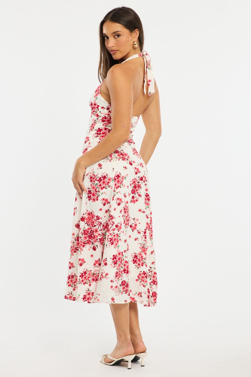 Red Floral Halter Neck Midi Dress
