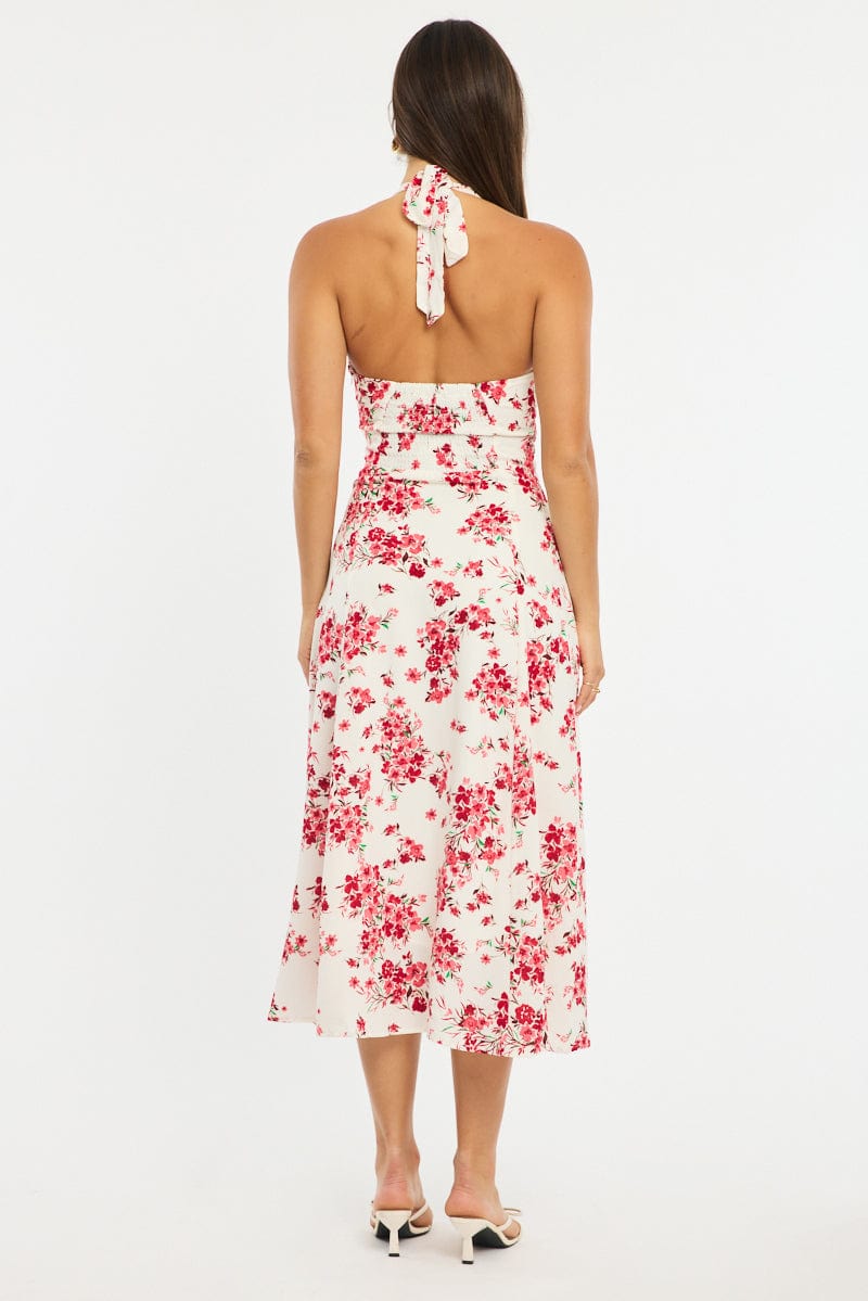 Red Floral Halter Neck Midi Dress