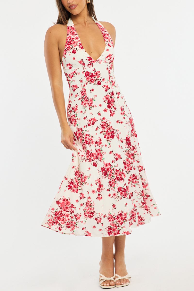 Red Floral Halter Neck Midi Dress