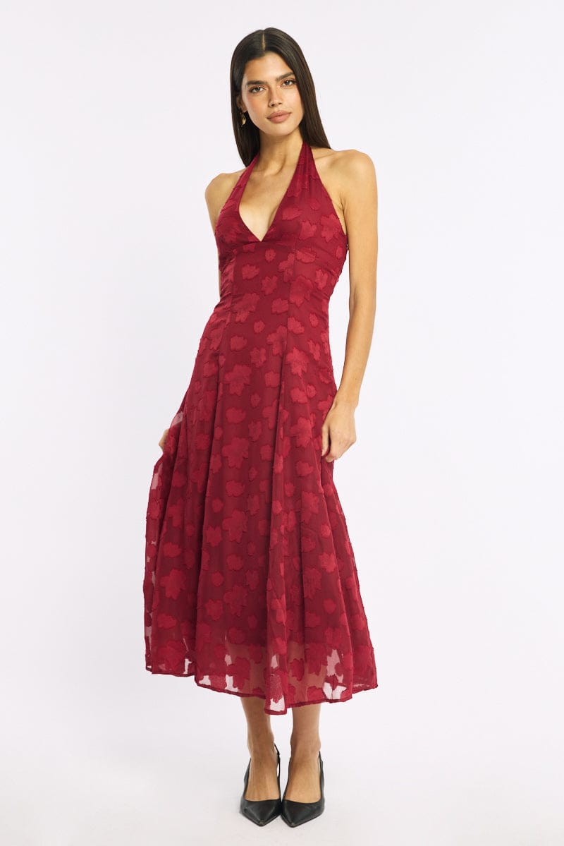 Red Halter Neck Midi Dress