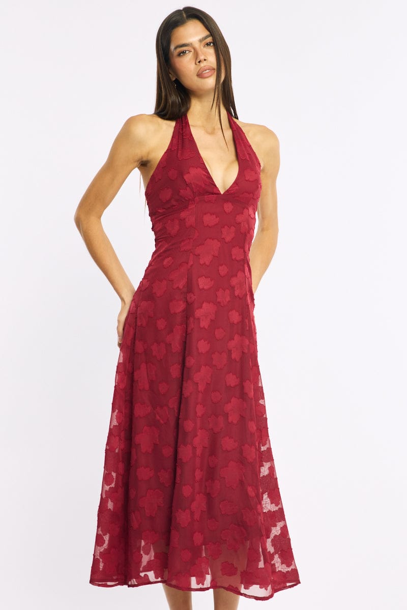 Red Halter Neck Midi Dress
