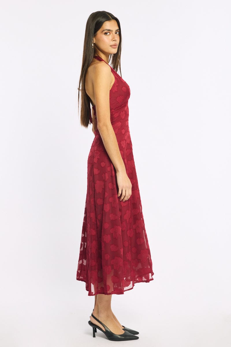 Red Halter Neck Midi Dress