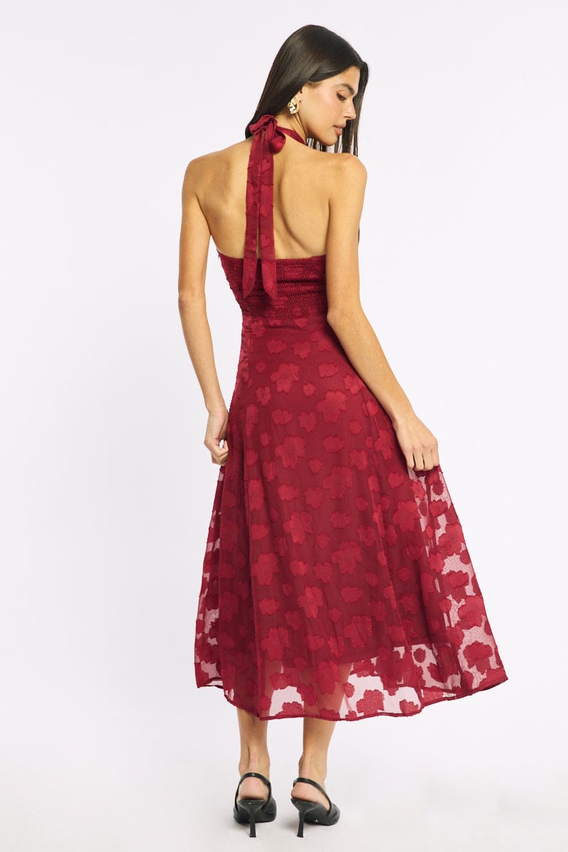 Red Halter Neck Midi Dress