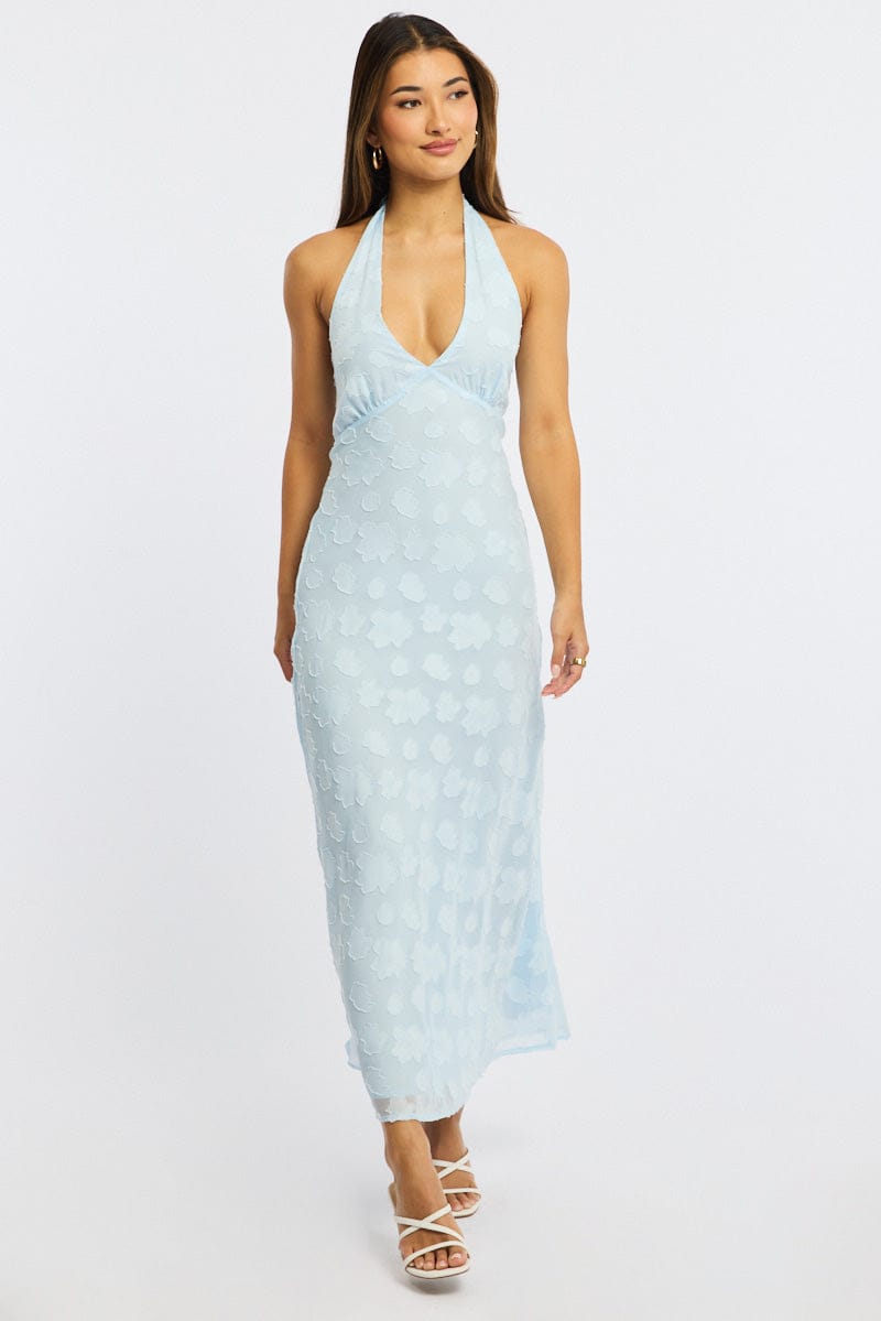 Blue Halter Neck Midi Dress