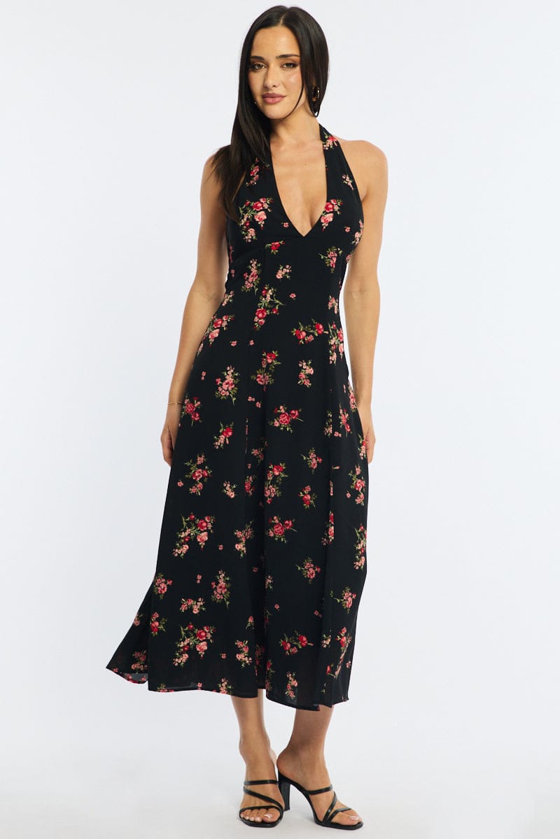 Black Floral Halter Neck Midi Dress