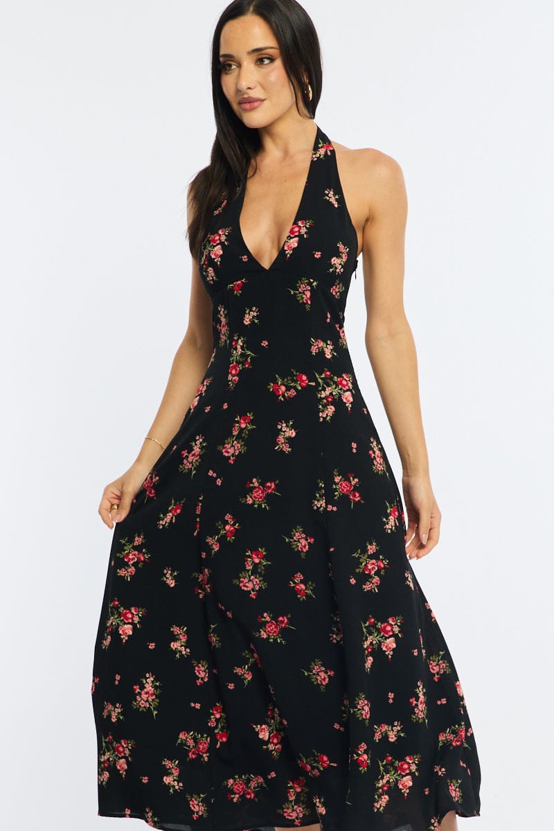 Black Floral Halter Neck Midi Dress