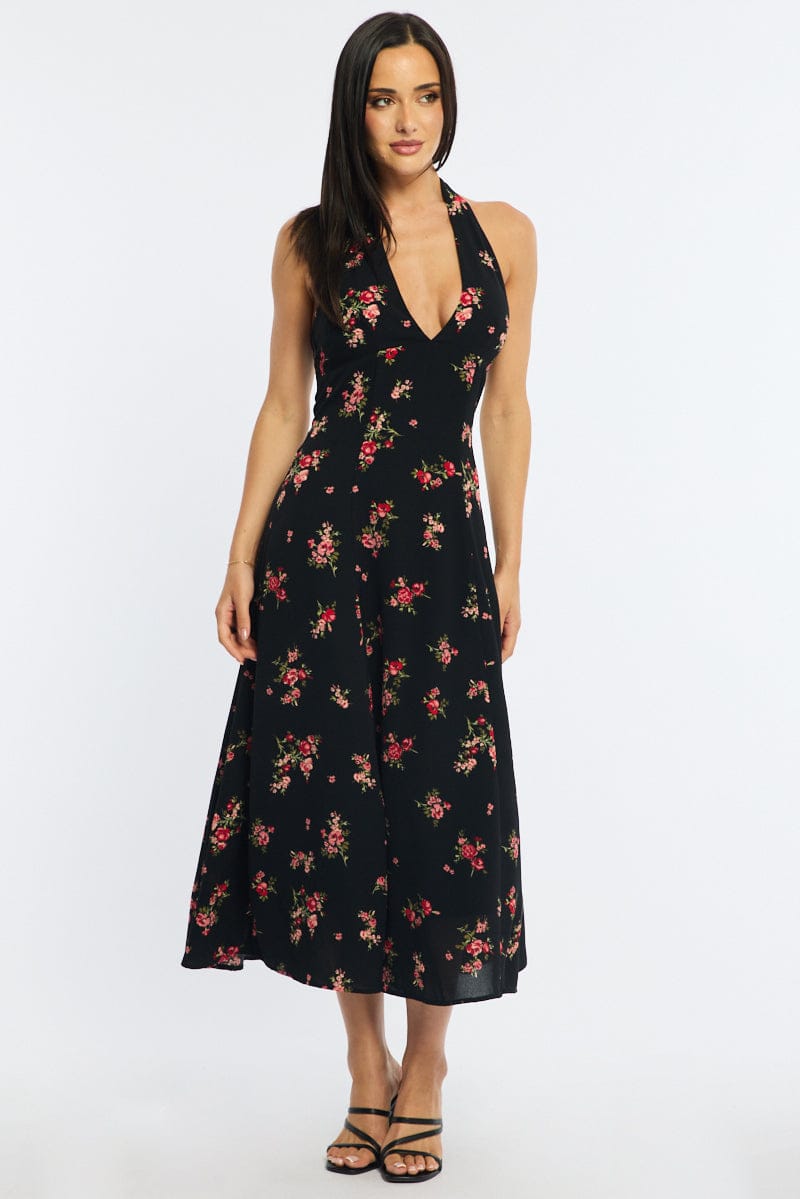 Black Floral Halter Neck Midi Dress