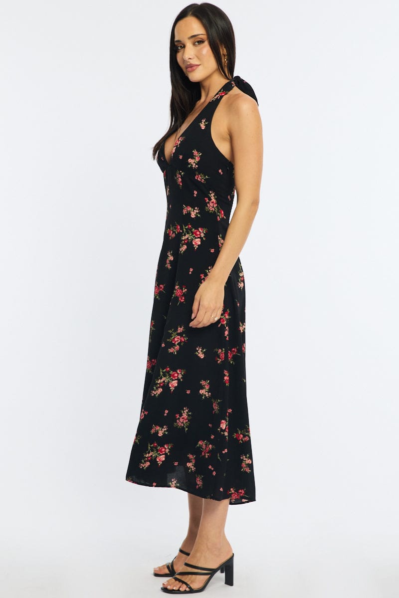 Black Floral Halter Neck Midi Dress