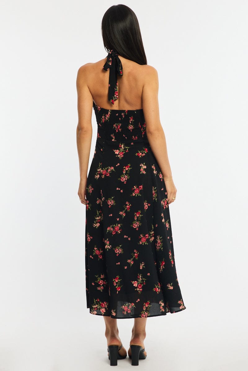 Black Floral Halter Neck Midi Dress