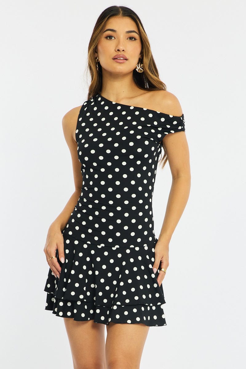 Black Polka Dot Mini Dress Off Shoulder