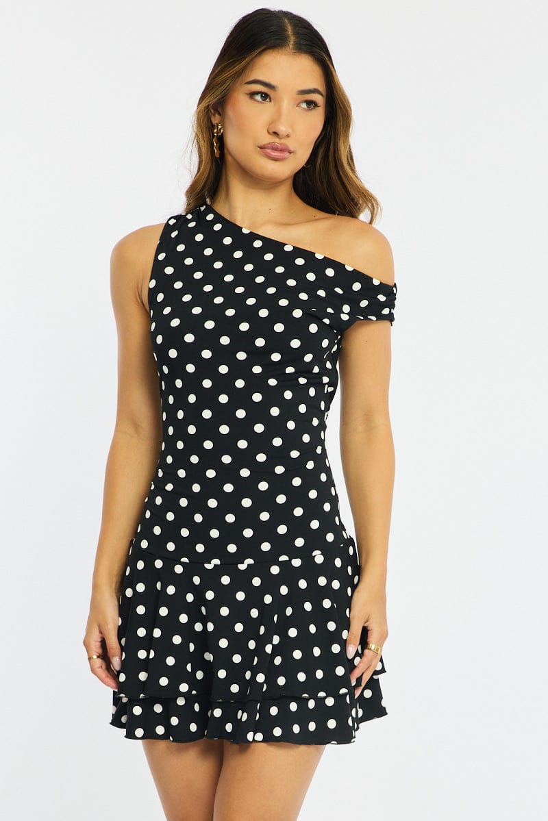 Black Polka Dot Mini Dress Off Shoulder