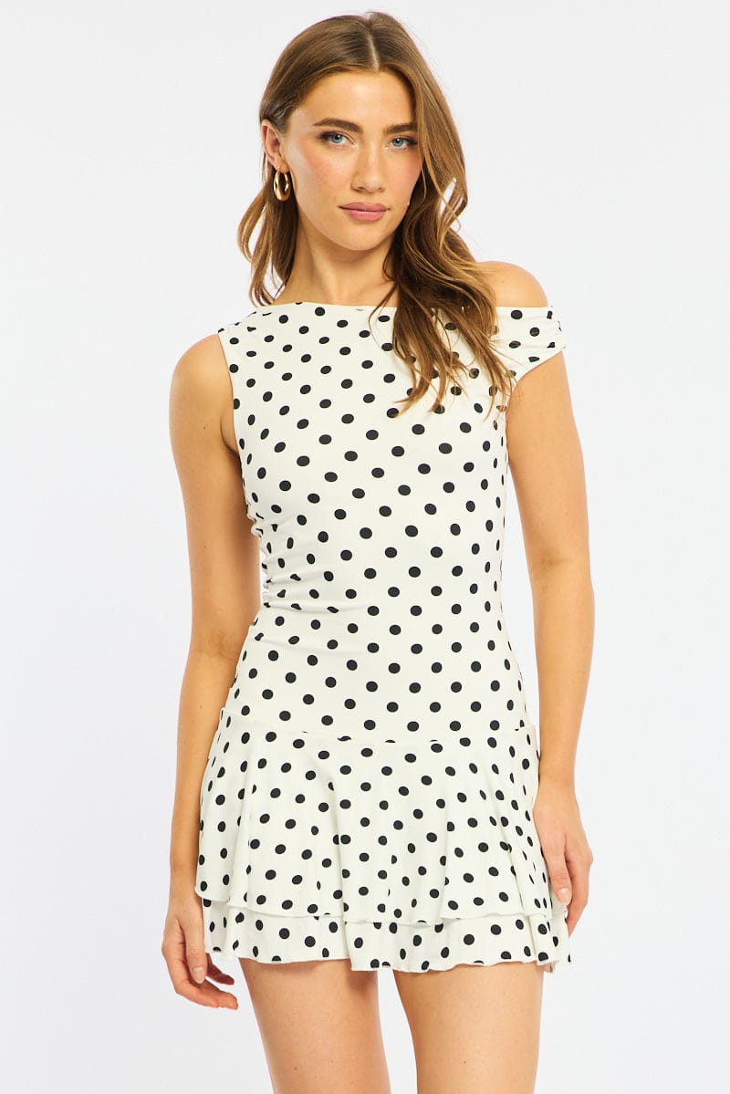 White Polka Dot Mini Dress Off Shoulder