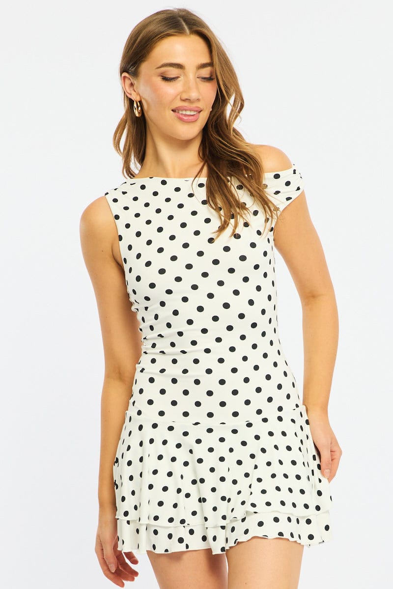 White Polka Dot Mini Dress Off Shoulder