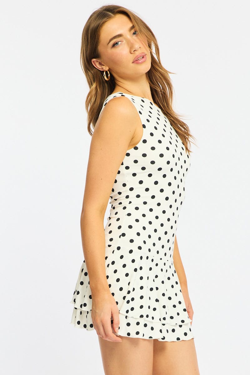 White Polka Dot Mini Dress Off Shoulder