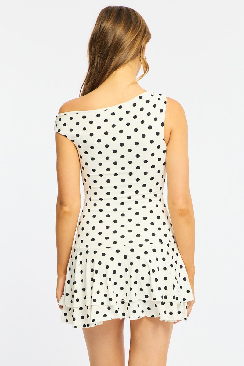 White Polka Dot Mini Dress Off Shoulder