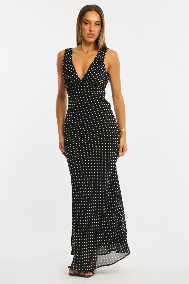 Black Polka Dot Maxi Dress V-Neck Chiffon