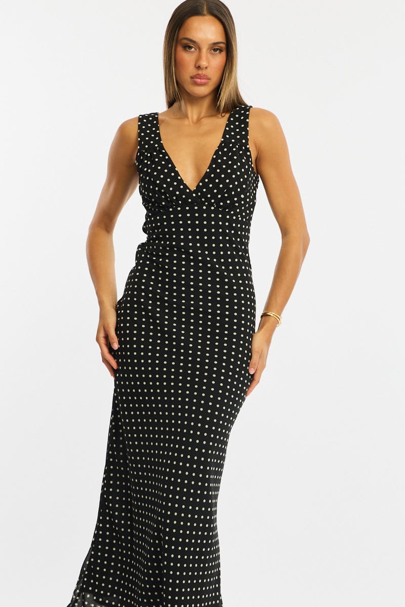 Black Polka Dot Maxi Dress V-Neck Chiffon