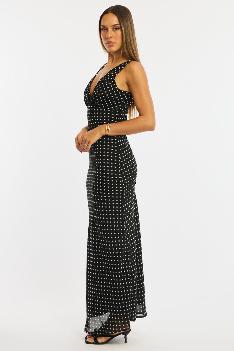 Black Polka Dot Maxi Dress V-Neck Chiffon