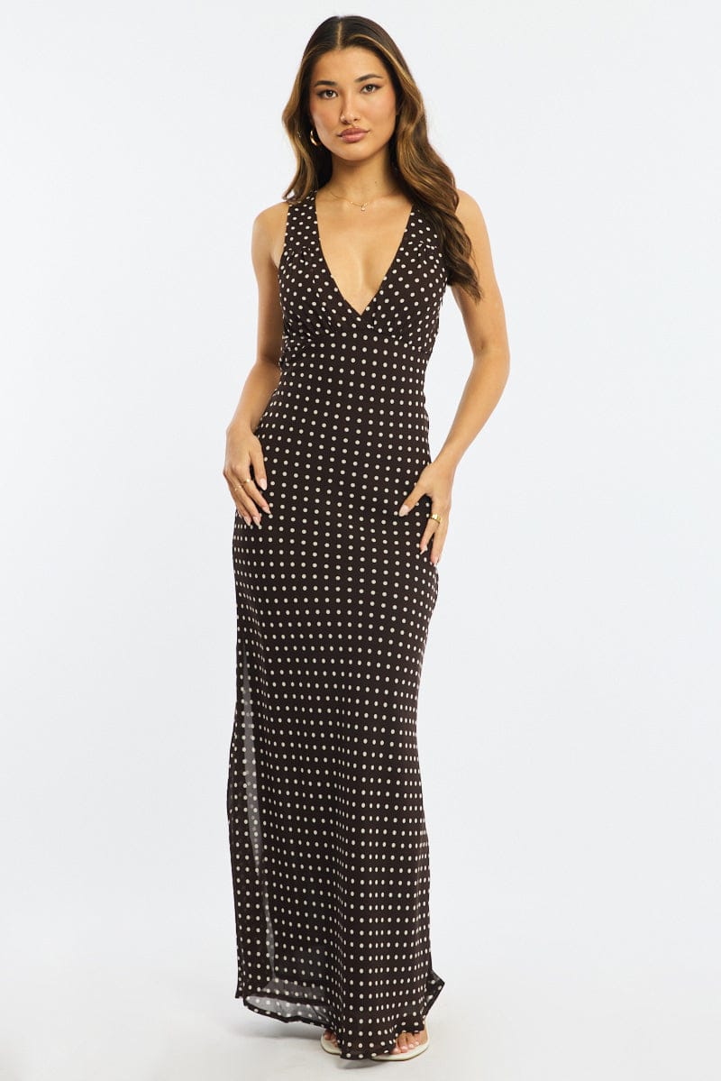 Brown Polka Dot Maxi Dress V-Neck Chiffon