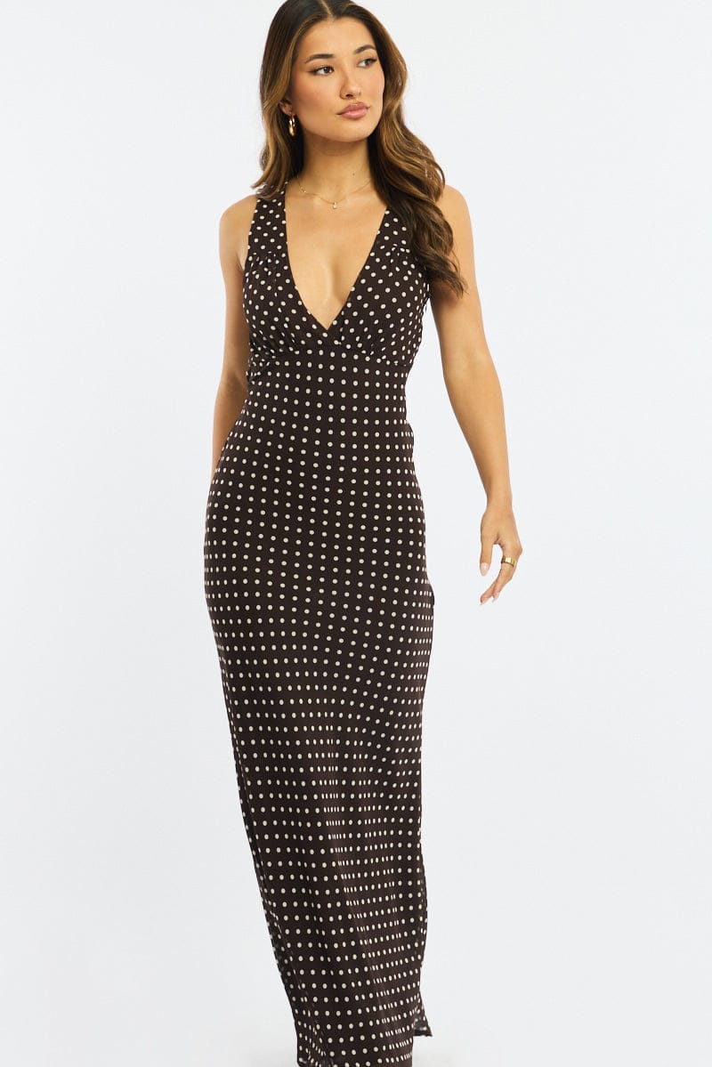 Brown Polka Dot Maxi Dress V-Neck Chiffon