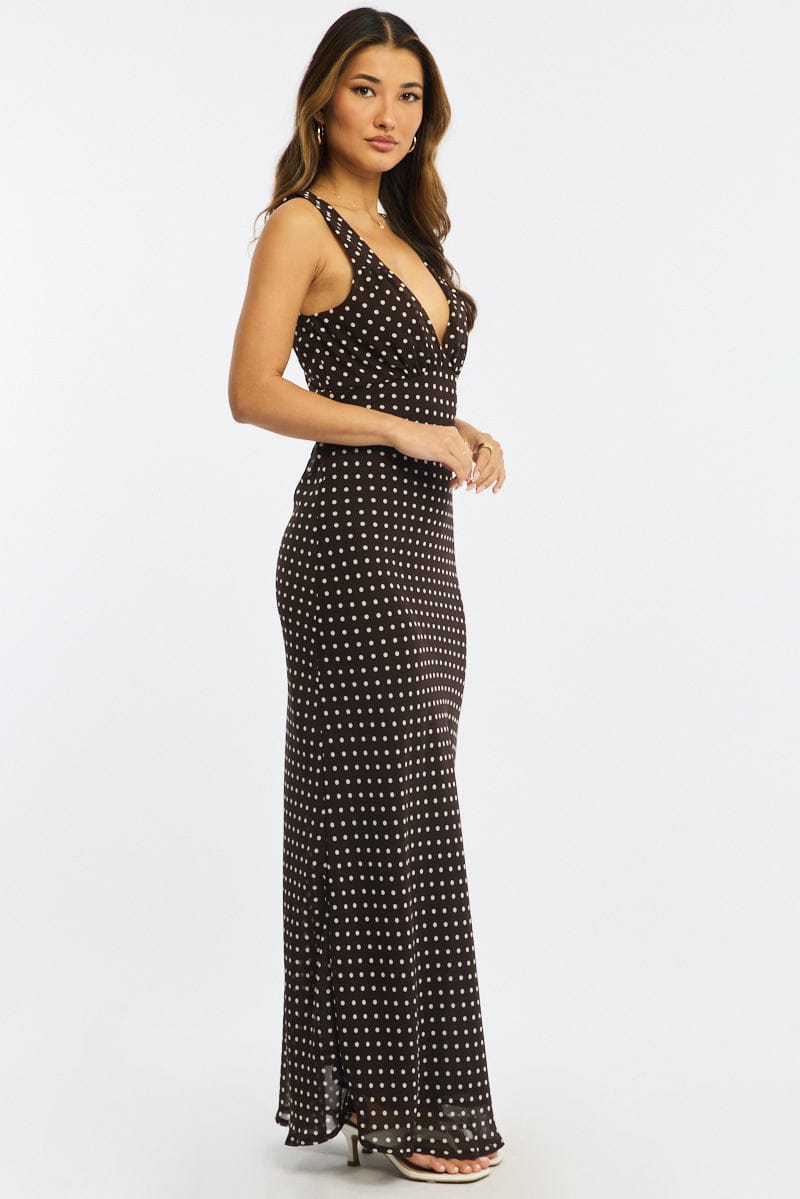 Brown Polka Dot Maxi Dress V-Neck Chiffon
